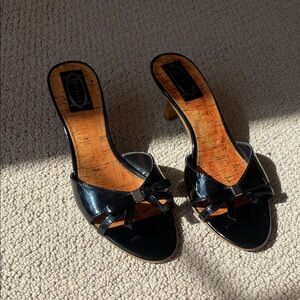 Black Patent Slide Heels with Bow
